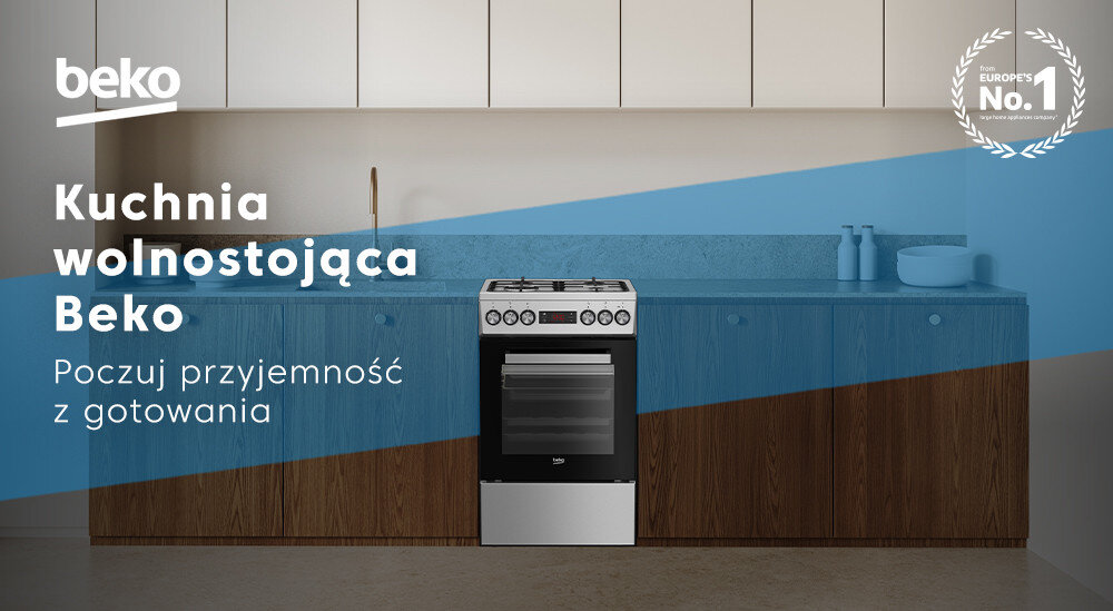 Na obrazie widoczna jest kuchnia wolnostojąca Beko umieszczona w nowoczesnej kuchni z niebieskimi szafkami. Tekst na obrazie: \'beko Kuchnia wolnostojąca Beko Poczuj przyjemność z gotowania\'.
