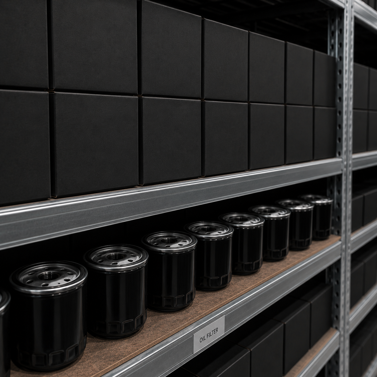 Na metalowych półkach znajdują się rzędy czarnych cylindrycznych filtrów oleju oraz czarne pudełka. Na jednej z półek widoczny jest napis \'OIL FILTER\'.
