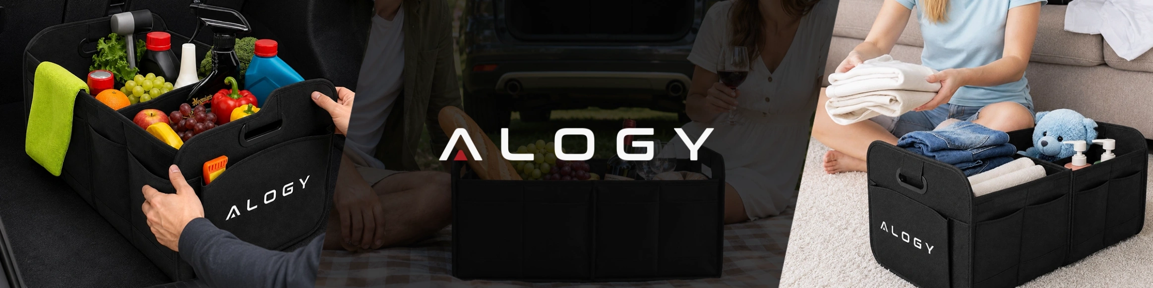 Na obrazie widoczny jest czarny organizer do bagażnika samochodu marki Alogy, wypełniony różnymi produktami spożywczymi i domowymi. Logo \'ALOGY\' jest umieszczone na przodzie organizera.