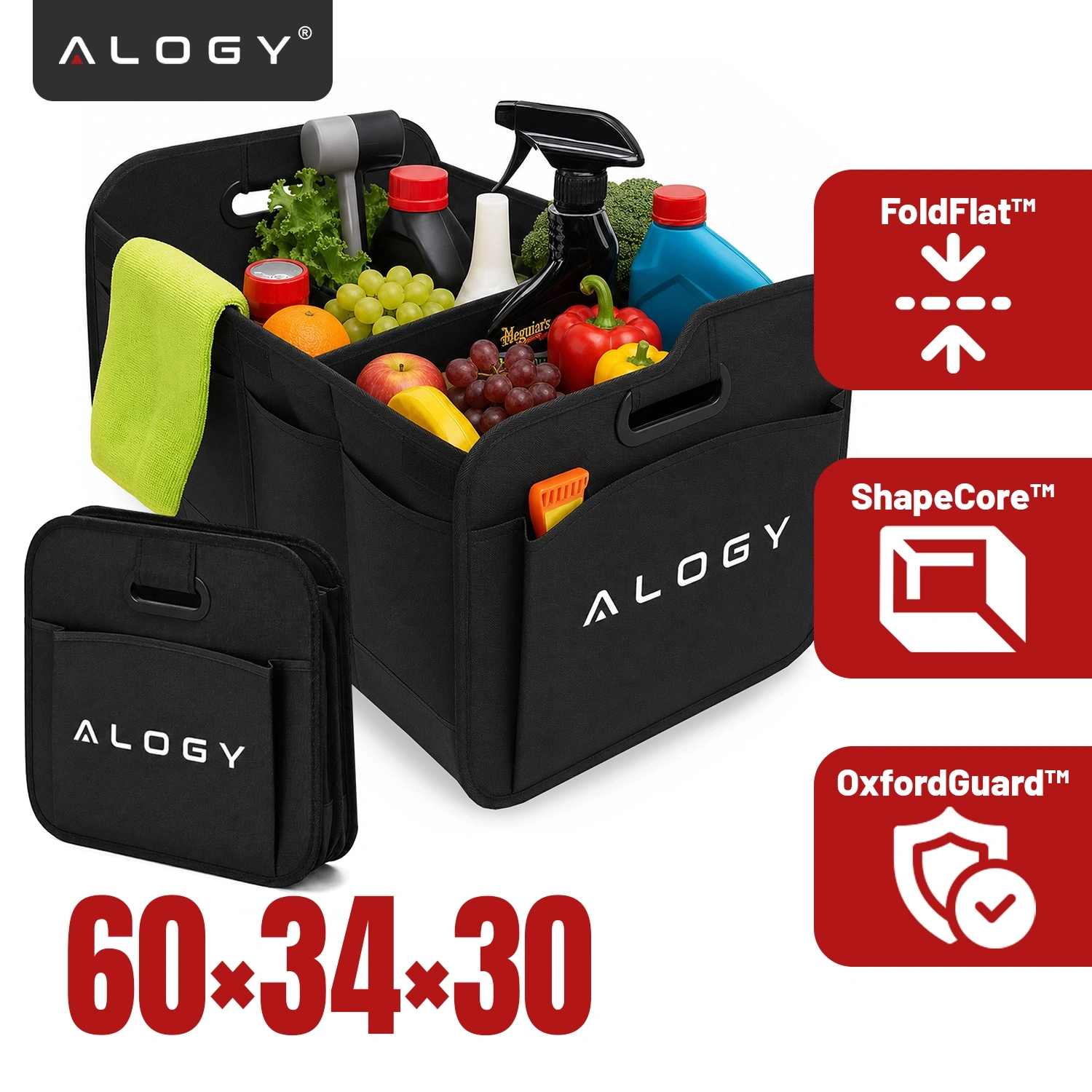 Czarny organizer do bagażnika z logo \'ALOGY\', wypełniony różnymi produktami spożywczymi i butelkami. Obok widoczne są ikony z napisami: \'FoldFlat™\', \'ShapeCore™\', \'OxfordGuard™\' oraz wymiary \'60×34×30\'.