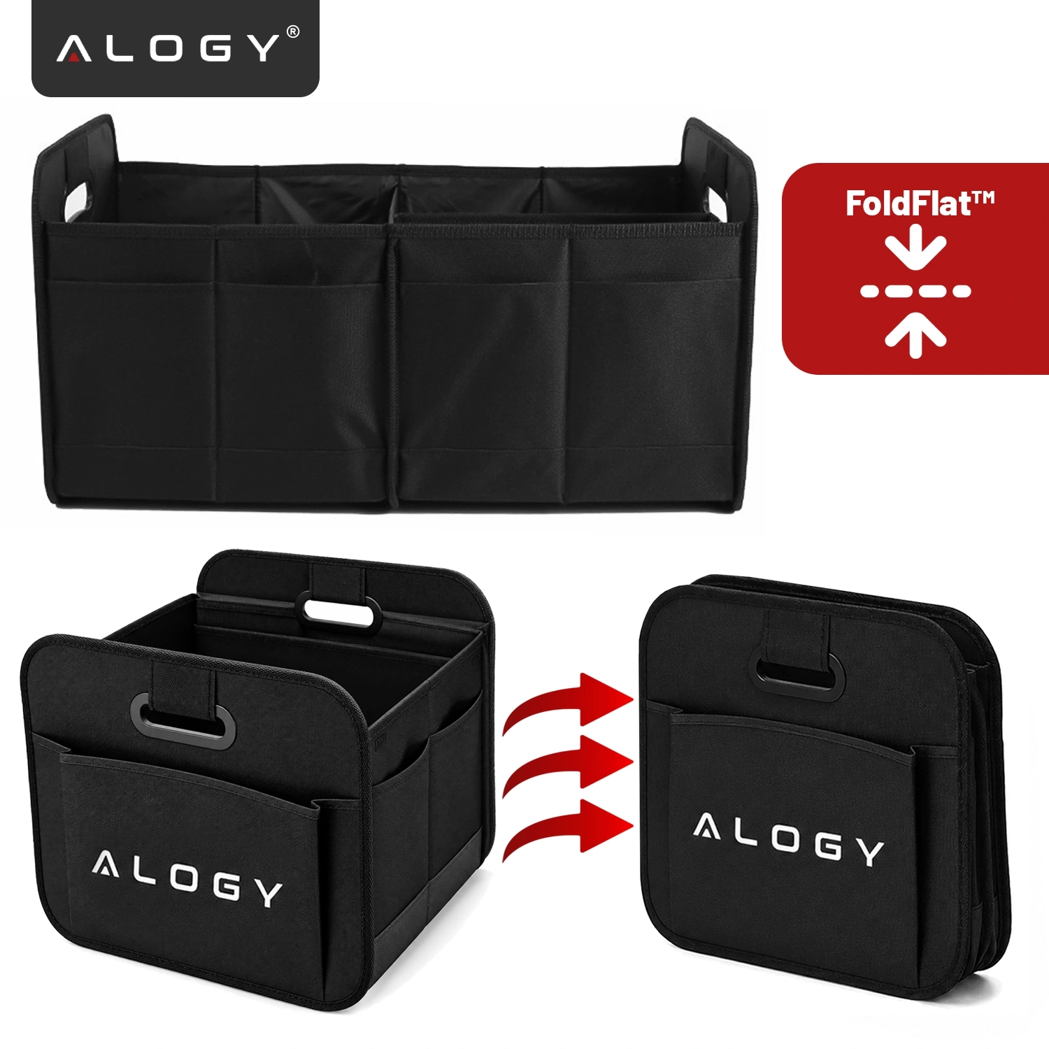 Na obrazie widoczny jest czarny organizer do bagażnika samochodu z logo \'ALOGY\', który można złożyć. Obok znajduje się czerwony symbol z napisem \'FoldFlat™\'.