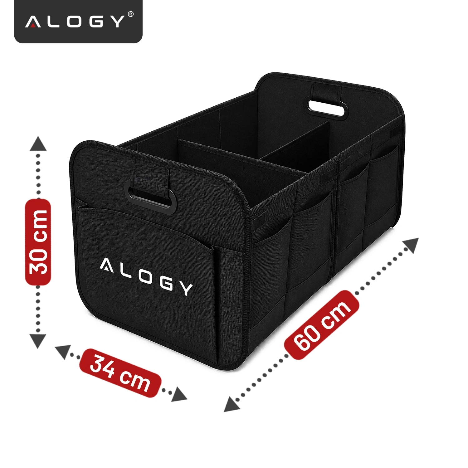 Czarny organizer do bagażnika samochodu z logo \'ALOGY\', o wymiarach 60×34×30 cm, posiada uchwyty i kilka przegródek.
