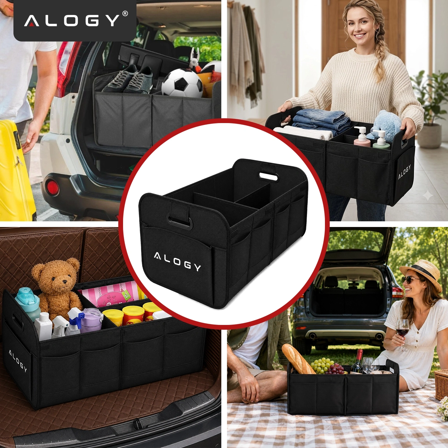 Na obrazie widoczny jest czarny organizer do bagażnika samochodu z logo \'ALOGY\', używany w różnych sytuacjach, takich jak przechowywanie piłki, butów, kosmetyków i jedzenia. Produkt jest składany i pojemny, co ułatwia utrzymanie porządku.
