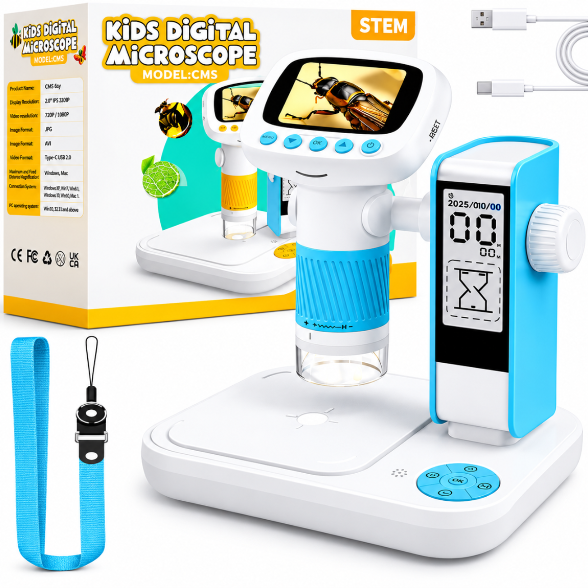Na obrazie widoczny jest cyfrowy mikroskop dziecięcy z ekranem, obok którego znajduje się opakowanie z napisem \'Kids Digital Microscope MODEL:CMS\'. W zestawie znajduje się również niebieski pasek na rękę i kabel USB.