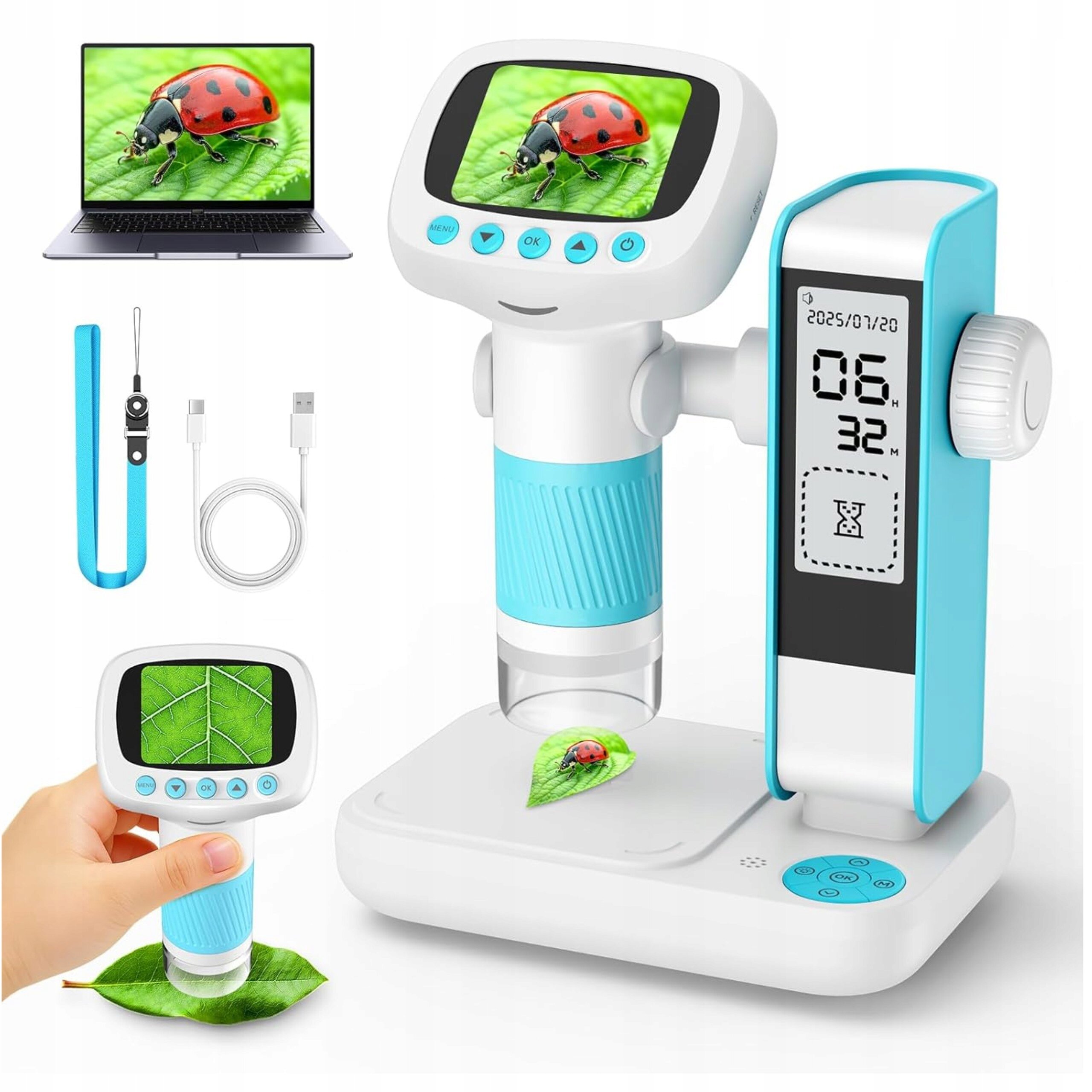 Na obrazie widoczny jest cyfrowy mikroskop z ekranem, na którym wyświetlana jest biedronka na liściu. Obok mikroskopu znajdują się akcesoria, takie jak kabel USB i pasek, a także ekran z wyświetlaczem pokazującym \'06 32M\'.