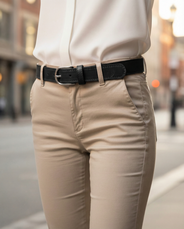 Osoba ubrana w beżowe spodnie i białą koszulę nosi czarny pasek z klasyczną klamrą. Pasek wykonany jest z materiału przypominającego skórę.