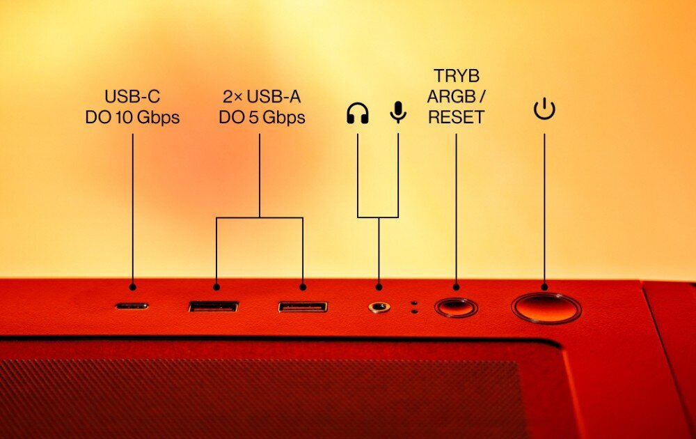 Komputer MAD DOG VENTUM400ARGB-I02WR32WH Zbliżenie na panel portów na górze czarnej obudowy komputerowej Middle Tower z zaznaczonymi portami USB-C, USB-A, gniazdem combo audio, przyciskiem trybu ARGB/Reset i przyciskiem zasilania, porty, złącza, przyciski