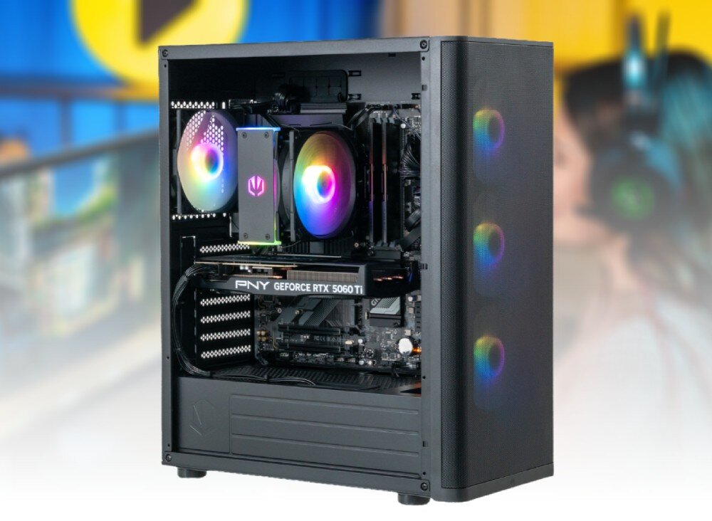 Komputer MAD DOG VENTUM400ARGB-I03DR16 Otwarta obudowa komputerowa z widocznymi podzespołami, podświetlanymi wentylatorami oraz kartą graficzną z napisem 'PNY GEFORCE RTX 5060 Ti'