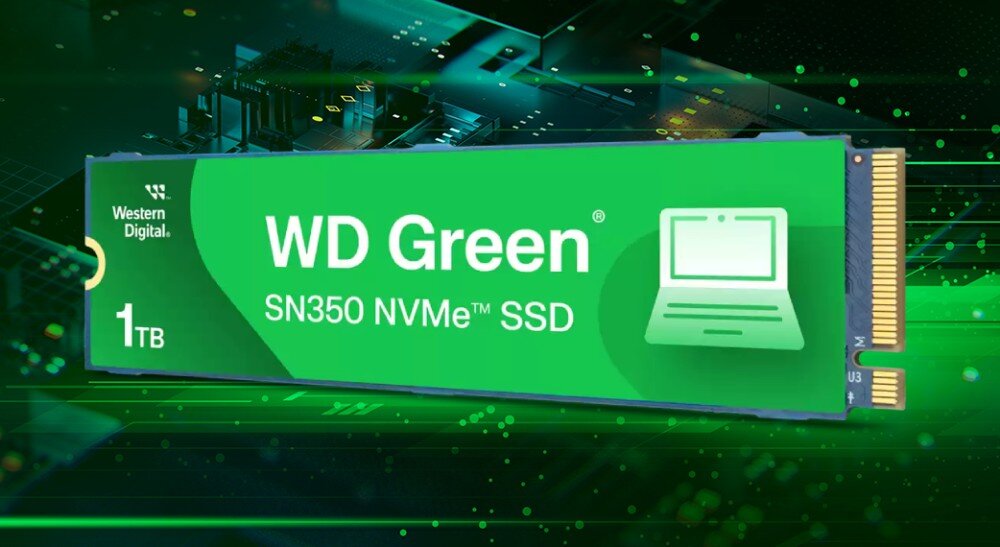Komputer MAD DOG VENTUM400ARGB-I03WR16WP Dysk półprzewodnikowy w podłużnym formacie z napisami i ikoną laptopa, umieszczony pod kątem na ciemnozielonym tle przypominającym płytkę drukowaną, dysk, pojemność, prędkość
