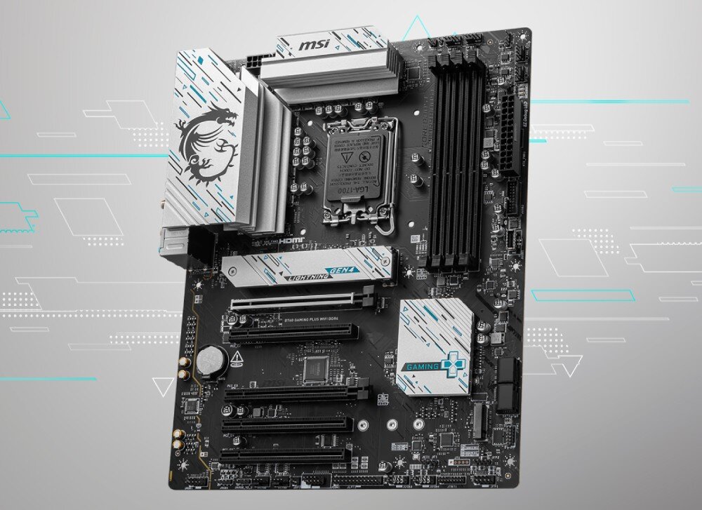 Komputer MAD DOG GENESIS-I06WB32WH Płyta główna w formacie ATX z czterema gniazdami na pamięć RAM, gniazdem procesora Intel LGA1700, licznymi złączami PCIe oraz aluminiowymi radiatorami z dekoracyjnymi wzorami i logo smoka, płyta główna, kompatybilność, interfejs, łączność