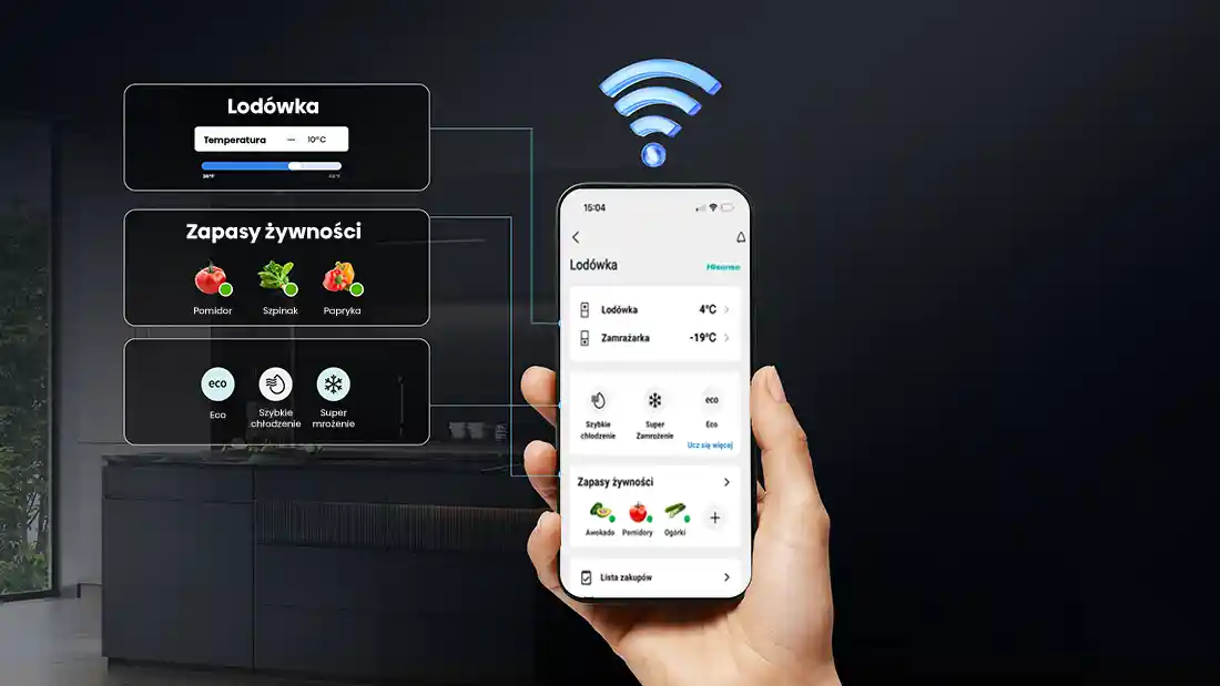 Obraz przedstawia rękę trzymającą smartfon z aplikacją do zarządzania lodówką, na ekranie widoczne są ustawienia temperatury i zapasy żywności. Obok telefonu znajdują się ikony z napisami: \'Lodówka\', \'Zapasy żywności\', \'Eco\', \'Szybkie chłodzenie\', \'Super mrożenie\'.