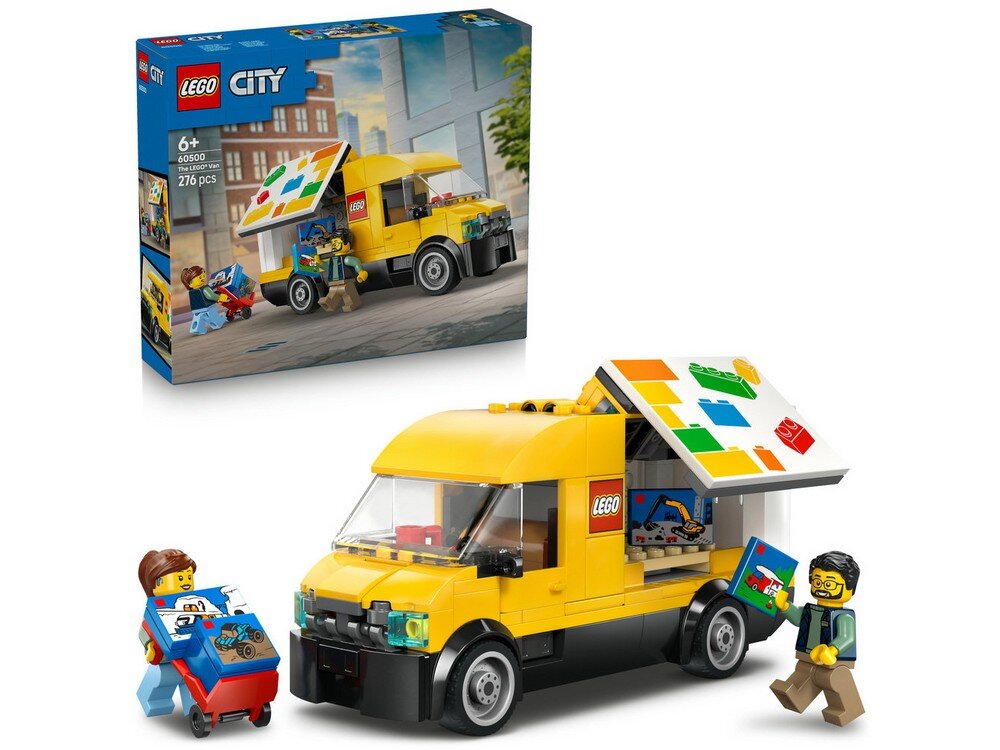 Na obrazie widoczny jest zestaw klocków LEGO City z żółtą furgonetką i dwiema figurkami. Opakowanie zestawu znajduje się w tle, a na furgonetce widnieje logo LEGO.