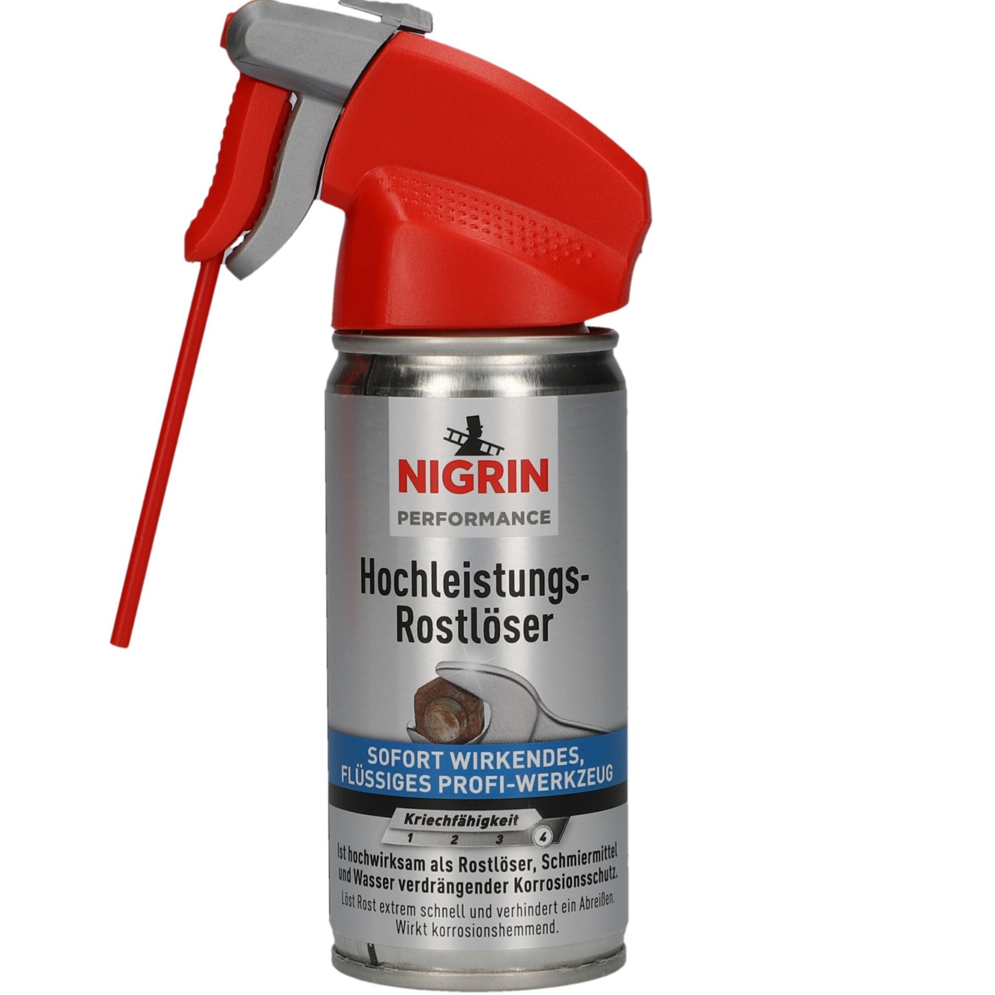 Spray w srebrnej puszce z czerwonym aplikatorem, oznaczony logo \'NIGRIN PERFORMANCE\'. Na etykiecie widnieje napis \'Hochleistungs-Rostlöser\' oraz dodatkowe informacje w języku niemieckim.