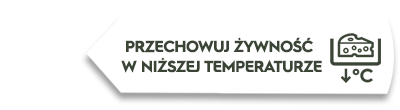 Grafika przedstawia biały prostokąt z tekstem: \'PRZECHOWUJ ŻYWNOŚĆ W NIŻSZEJ TEMPERATURZE\' oraz ikoną sera i symbolu temperatury z strzałką w dół.