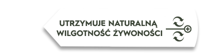 Biały prostokątny element z tekstem \'UTRZYMUJE NATURALNĄ WILGOTNOŚĆ ŻYWNOŚCI\' oraz ikoną przedstawiającą dwa okręgi z symbolami strzałek i plusa.