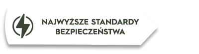 Biały prostokątny znak z czarnym symbolem błyskawicy i napisem \'NAJWYŻSZE STANDARDY BEZPIECZEŃSTWA\'.