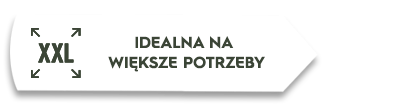 Grafika przedstawia biały prostokąt z tekstem \'XXL IDEALNA NA WIĘKSZE POTRZEBY\' oraz symbolami strzałek w rogach.