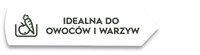 Biała etykieta z ikoną marchewki i jabłka oraz tekstem \'IDEALNA DO OWOCÓW I WARZYW\'.