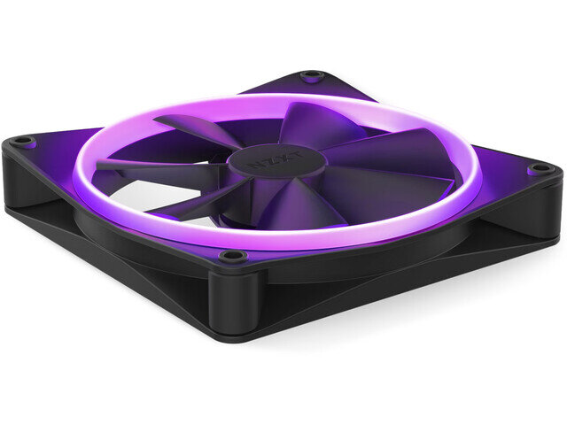 Czarny wentylator komputerowy z podświetleniem RGB w kolorze fioletowym, posiada siedem łopatek i logo NZXT na środku.