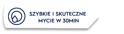 Grafika przedstawia ikonę kropli wody oraz tekst \'SZYBKIE I SKUTECZNE MYCIE W 30MIN\'.