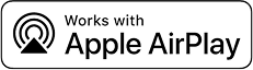 Czarno-białe logo z napisem \'Works with Apple AirPlay\' oraz symbolem fal radiowych w okręgu.