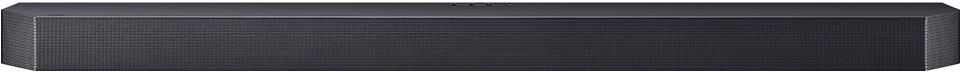 Czarny soundbar o prostokątnym kształcie z widoczną siatką na przedniej części. Na górze znajdują się trzy przyciski.