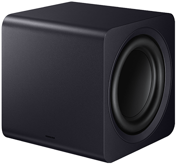 Czarny subwoofer o prostokątnym kształcie z widocznym głośnikiem na jednej ze ścianek. Na dolnej krawędzi znajduje się logo \'SAMSUNG\'.