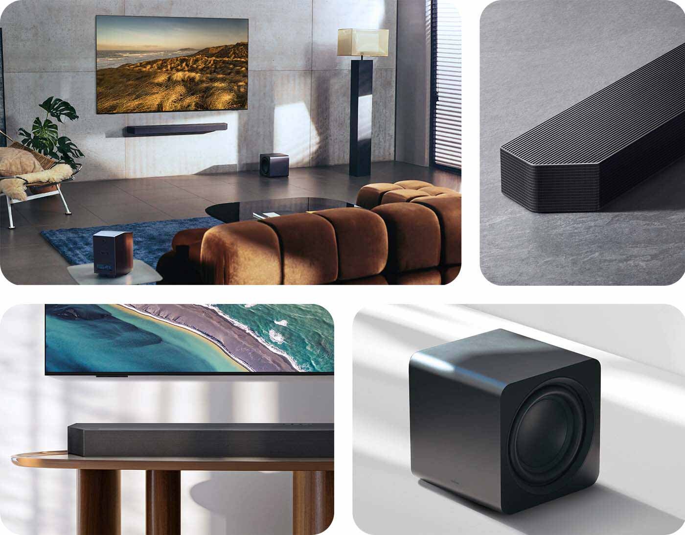 2025 hw-q990f top4 wireless dolby atmos pc Na obrazie widać nowoczesny salon z telewizorem na ścianie, soundbarem i subwooferem. Soundbar i subwoofer są czarne, a pomieszczenie jest elegancko urządzone z brązową sofą i rośliną w doniczce.