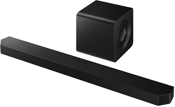 Na obrazie widoczny jest czarny soundbar oraz bezprzewodowy subwoofer. Oba urządzenia mają nowoczesny design i są w kolorze czarnym.