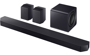 Na obrazie widoczny jest czarny soundbar z dwoma mniejszymi głośnikami i subwooferem. Wszystkie elementy mają nowoczesny design i są w kolorze czarnym.