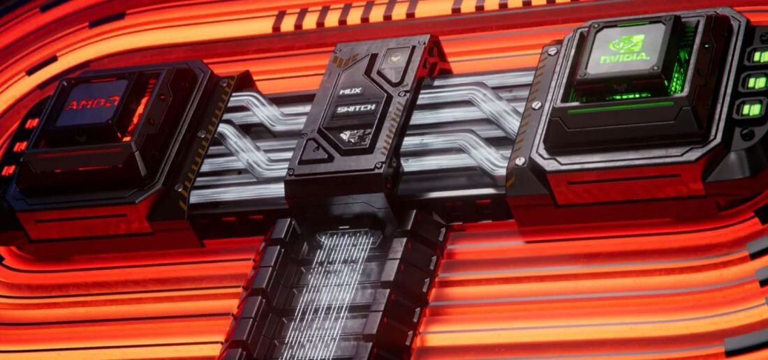 Obraz przedstawia trzy moduły elektroniczne połączone przewodami na tle czerwonych, świetlnych pasów. Na modułach widoczne są loga: AMD, Helix Switch i NVIDIA.