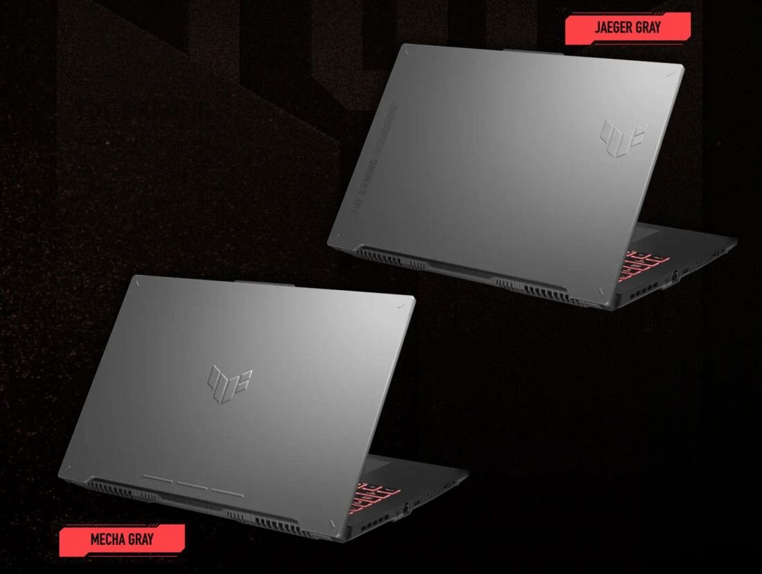 Obraz przedstawia dwa laptopy w kolorach Jaeger Gray i Mecha Gray z logo TUF na obudowie. Klawiatury laptopów są podświetlone na czerwono.