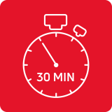 Czerwona ikona z białym symbolem stopera i napisem \'30 MIN\'.