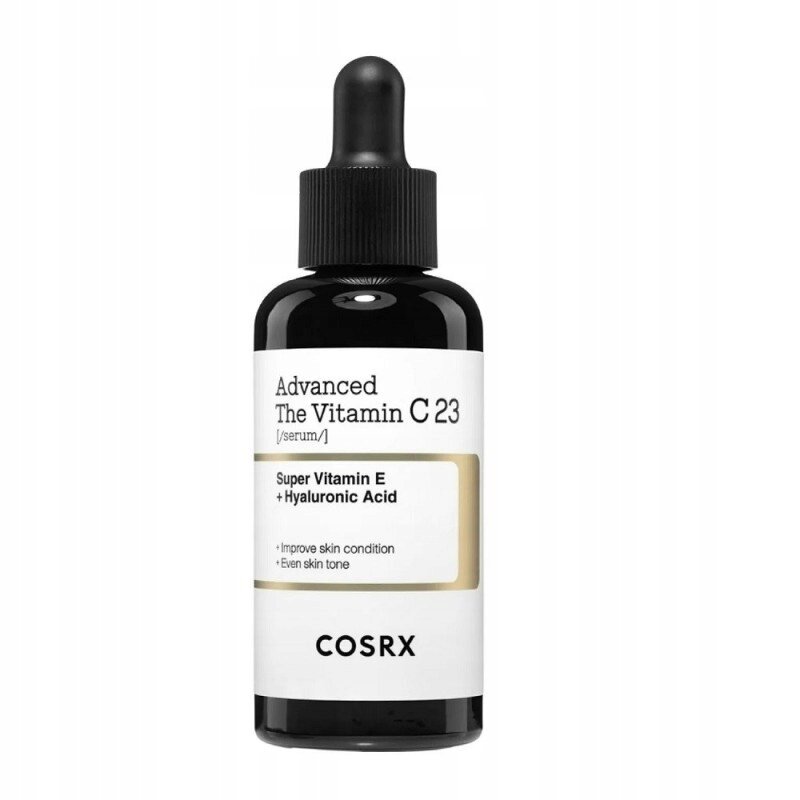 Butelka z ciemnego szkła z pipetą, na etykiecie napis \'Advanced The Vitamin C 23 /serum/\' oraz \'Super Vitamin E + Hyaluronic Acid\'. Widoczne logo \'COSRX\'.