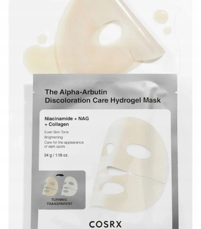 Opakowanie maski hydrożelowej z napisem \'The Alpha-Arbutin Discoloration Care Hydrogel Mask\'. Widoczny jest również tekst: \'Niacinamide + NAG + Collagen, Even Skin Tone, Brightening, Care for the appearance of dark spots, 34 g / 1.19 oz.\' oraz logo \'COSRX\'.