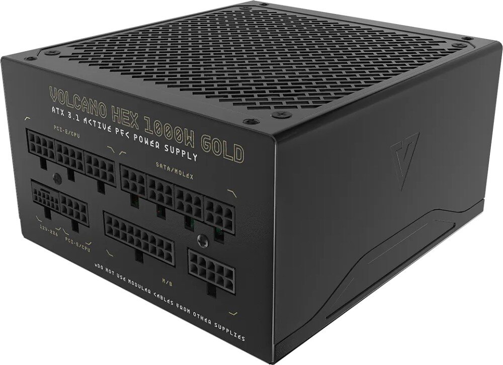 Czarny zasilacz komputerowy z widocznymi złączami i napisami: \'VOLCANO HEX 1000W GOLD ATX 3.1 ACTIVE PFC POWER SUPPLY\'. Na obudowie znajduje się również logo w kształcie litery V.