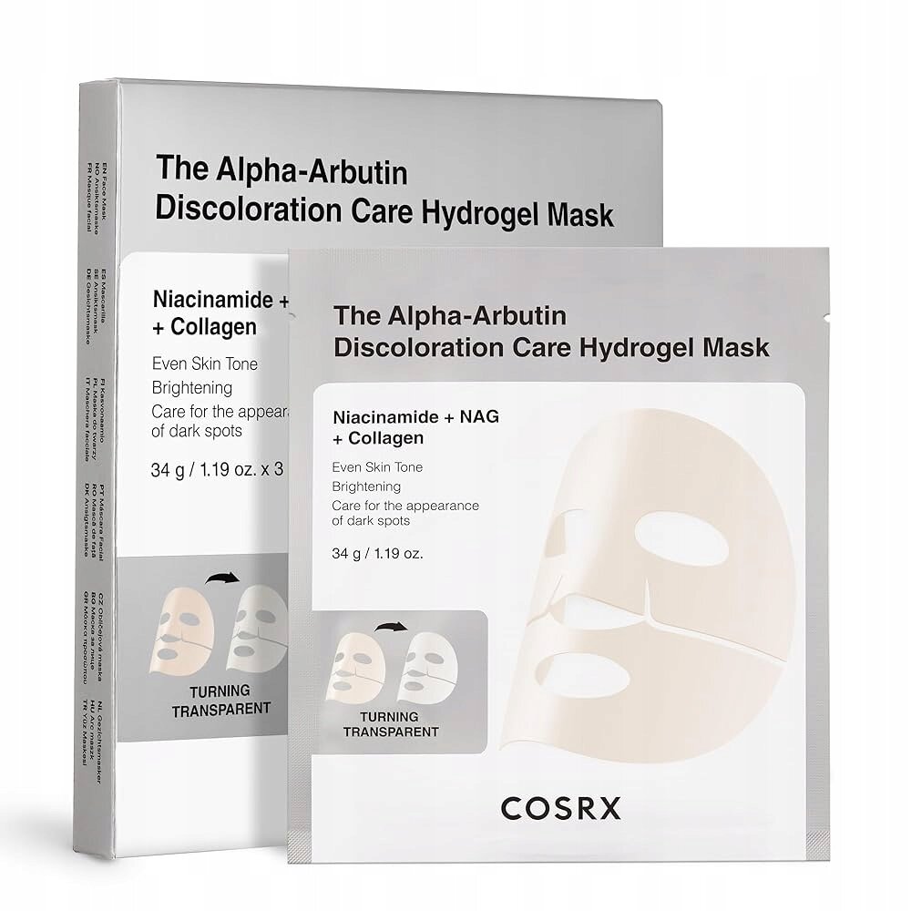 Opakowanie produktu \'The Alpha-Arbutin Discoloration Care Hydrogel Mask\' z napisem \'Niacinamide + NAG + Collagen\' oraz logo COSRX. Widoczna jest ilustracja maski hydrożelowej i tekst informujący o właściwościach rozjaśniających i pielęgnacyjnych dla skóry.