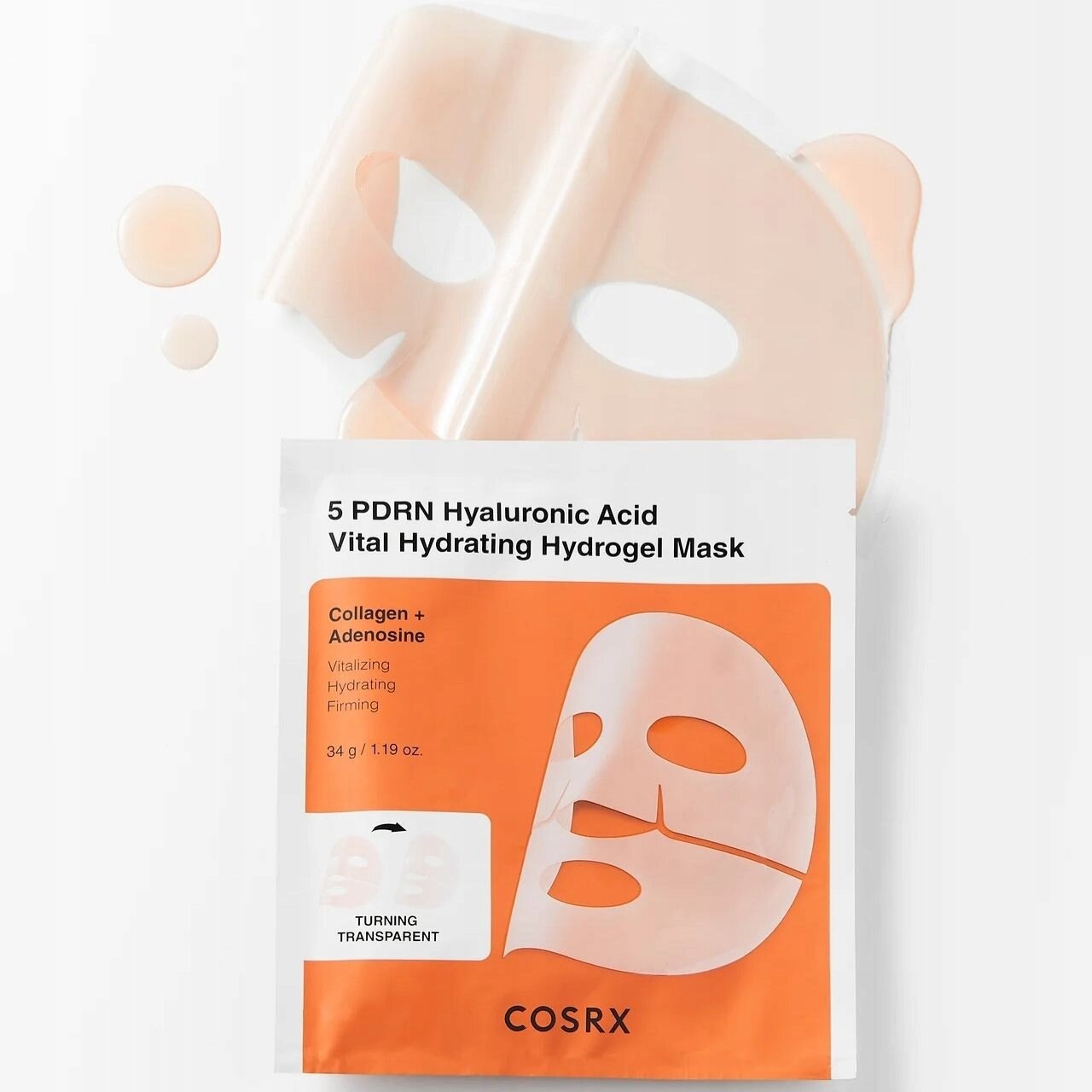 Opakowanie maski hydrożelowej do twarzy COSRX z napisem \'5 PDRN Hyaluronic Acid Vital Hydrating Hydrogel Mask\'. Widoczna jest maska w kolorze jasnoróżowym oraz tekst \'Collagen + Adenosine, Vitalizing Hydrating Firming, 34 g / 1.19 oz.\'