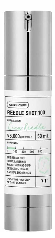 Srebrna butelka z etykietą zawierającą tekst: \'CICA X HYALON REEDLE SHOT 100 APPLICATION Cica Reedle 95,000 CICA REEDLE 50 mL HARDNESS 0 100 300 700 900 THE REEDLE SHOT FORMULA REFINES ROUGH SKIN AND DEAD SKIN CELLS TO MAKE NATURAL SMOOTH SKIN USE AT THE FIRST STEP OF DAILY SKIN CARE\'.
