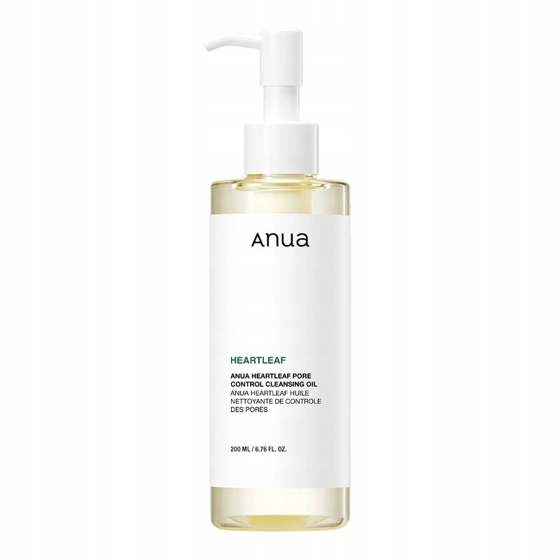 Butelka z pompką zawierająca przezroczysty płyn, z etykietą na której widnieje napis \'Anua HEARTLEAF ANUA HEARTLEAF PORE CONTROL CLEANSING OIL ANUA HEARTLEAF HUILE NETTOYANTE DE CONTROLE DES PORES 200 ML / 6.76 FL. OZ.\'.