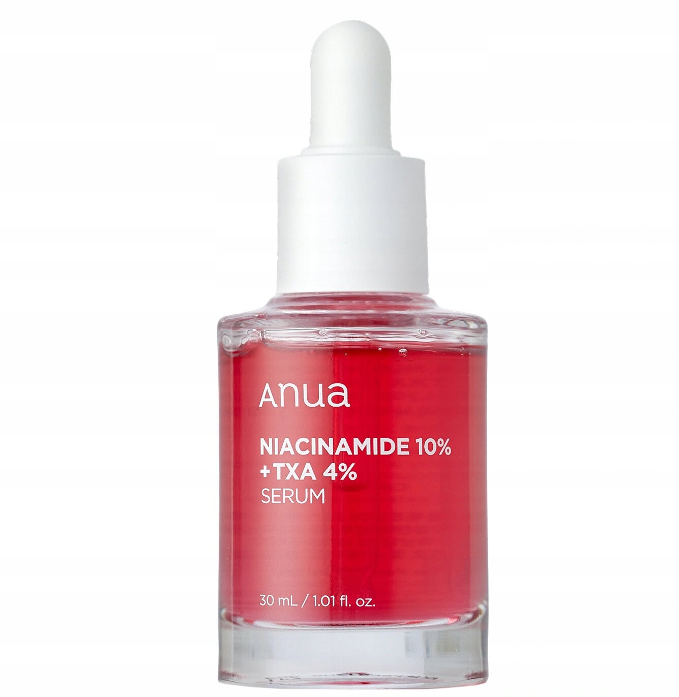 Butelka z pipetą zawierająca czerwony płyn, z napisem \'anua NIACINAMIDE 10% + TXA 4% SERUM 30 mL / 1.01 fl. oz.\'.