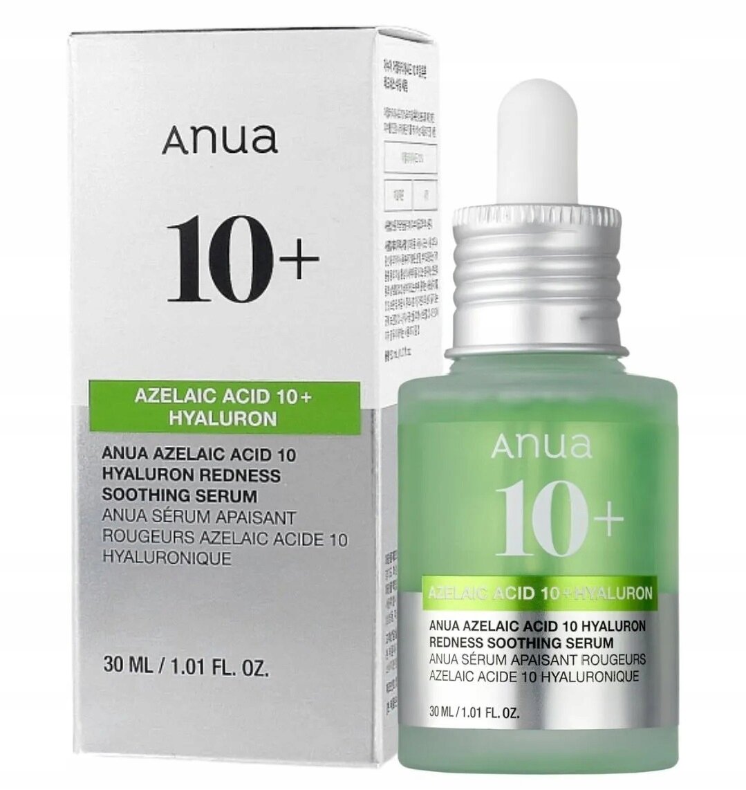 Na obrazie widoczna jest butelka z pipetą oraz pudełko produktu kosmetycznego marki Anua. Na opakowaniu znajduje się tekst: \'AZELAIC ACID 10+ HYALURON\' oraz \'ANUA AZELAIC ACID 10 HYALURON REDNESS SOOTHING SERUM\'.