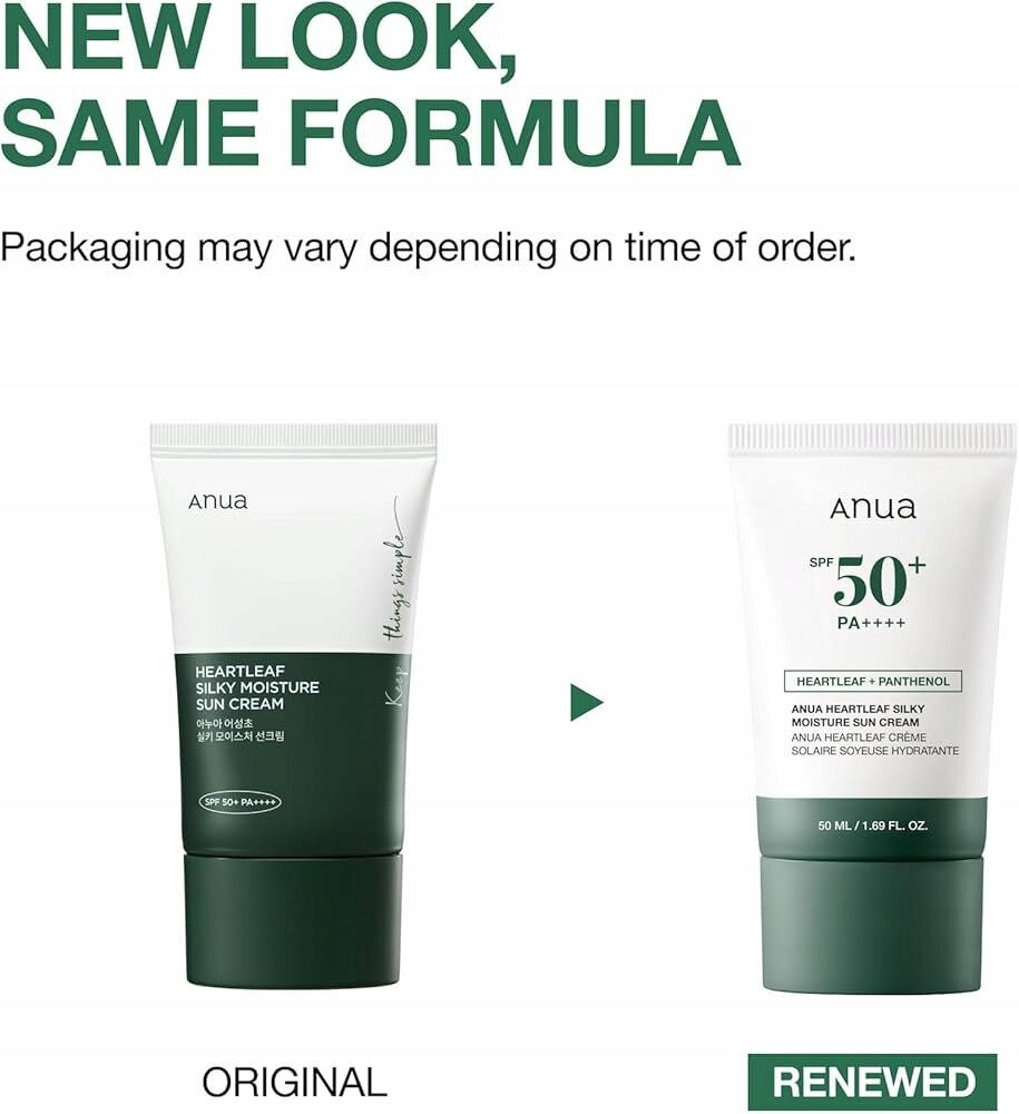 Obraz przedstawia dwa opakowania kremu przeciwsłonecznego Anua Heartleaf SPF 50+. Po lewej stronie widnieje napis \'ORIGINAL\', a po prawej \'RENEWED\'.