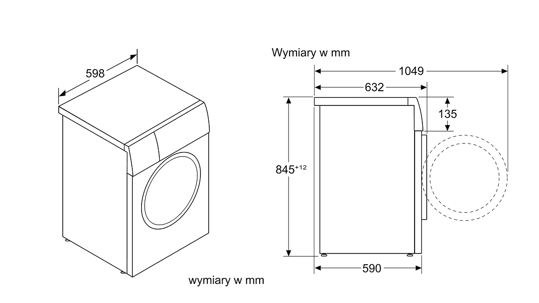 Schemat pralki z wymiarami: szerokość 598 mm, głębokość 590 mm, wysokość 845 mm, całkowita głębokość z otwartymi drzwiami 1049 mm. Widoczne są oznaczenia \'wymiary w mm\'.