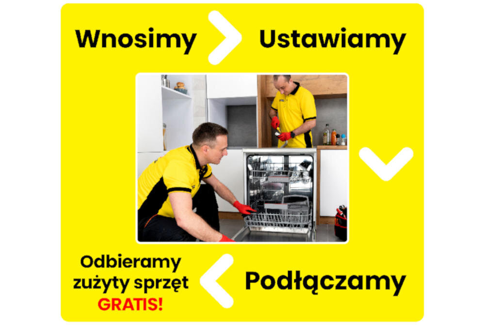 Dwóch mężczyzn w żółtych koszulkach montuje zmywarkę w kuchni. Na żółtym tle widnieje tekst: \'Wnosimy\', \'Ustawiamy\', \'Podłączamy\', \'Odbieramy zużyty sprzęt GRATIS!\'.