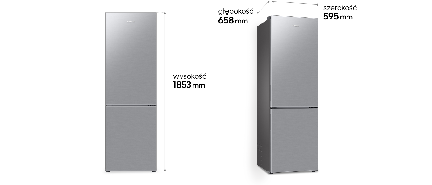 Na zdjęciu pokazano dokładne wymiary lodówki Samsung RB33B612ESA z oferty sieci sklepów Media Expert Obraz przedstawia metalicznie grafitową lodówkę z oznaczeniami wymiarów: wysokość 1853 mm, głębokość 658 mm, szerokość 595 mm. Widoczne jest logo producenta na górnej części lodówki.