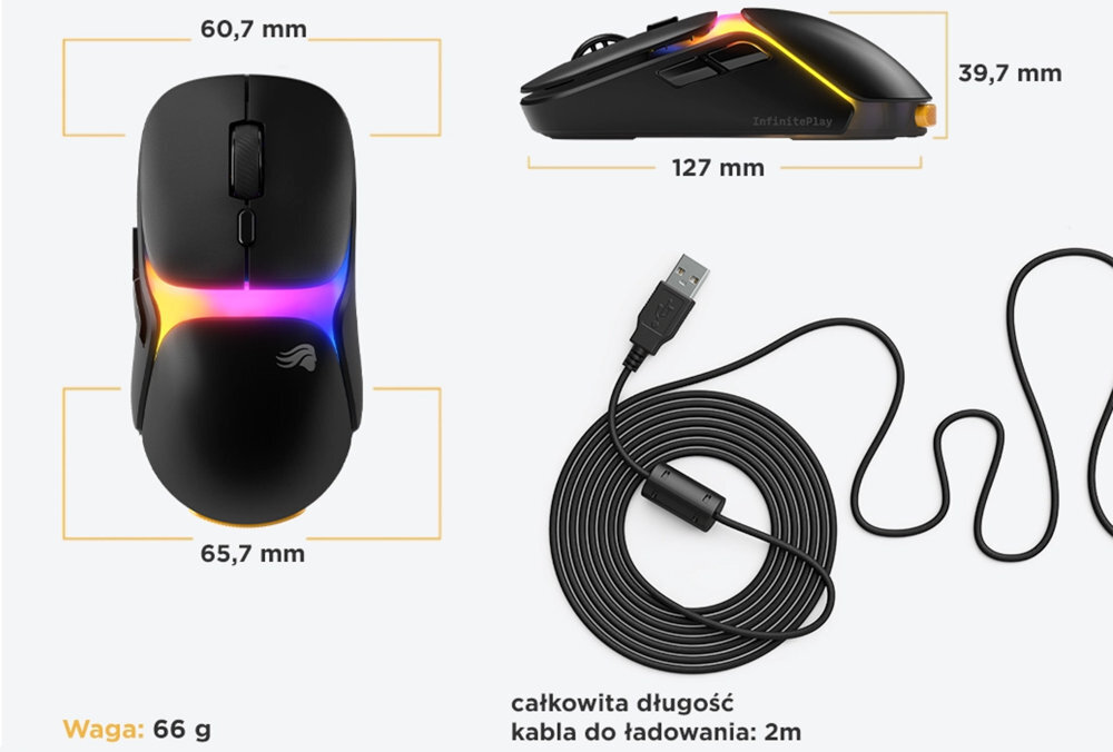 Obraz przedstawia czarną mysz komputerową z podświetleniem RGB, z widocznymi wymiarami: 60,7 mm, 65,7 mm, 39,7 mm i 127 mm. Obok znajduje się kabel USB o całkowitej długości 2 m, a waga myszy to 66 g.