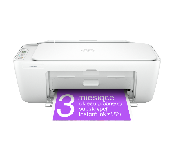 Białe urządzenie wielofunkcyjne z logo HP na górze, z przodu widoczny jest wydrukowany fioletowy arkusz z tekstem: \'3 miesiące okresu próbnego subskrypcji Instant Ink z HP+\'.