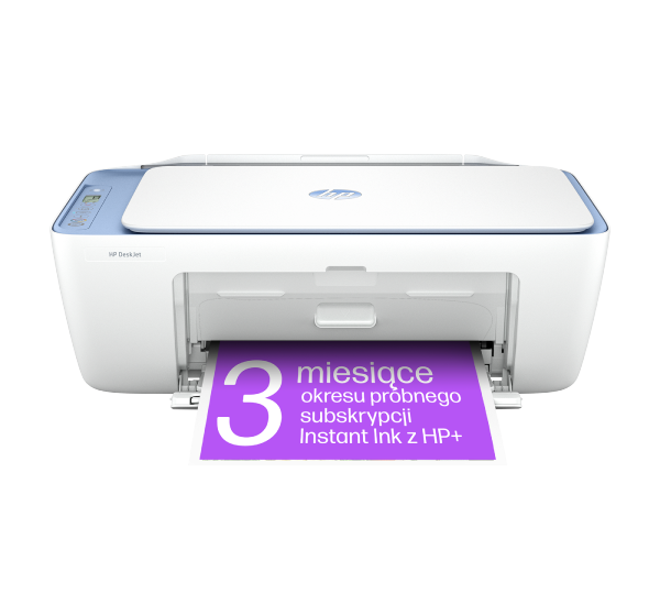 Białe urządzenie wielofunkcyjne z logo HP na górze, z którego wysuwa się fioletowa kartka z tekstem: \'3 miesiące okresu próbnego subskrypcji Instant Ink z HP+\'.