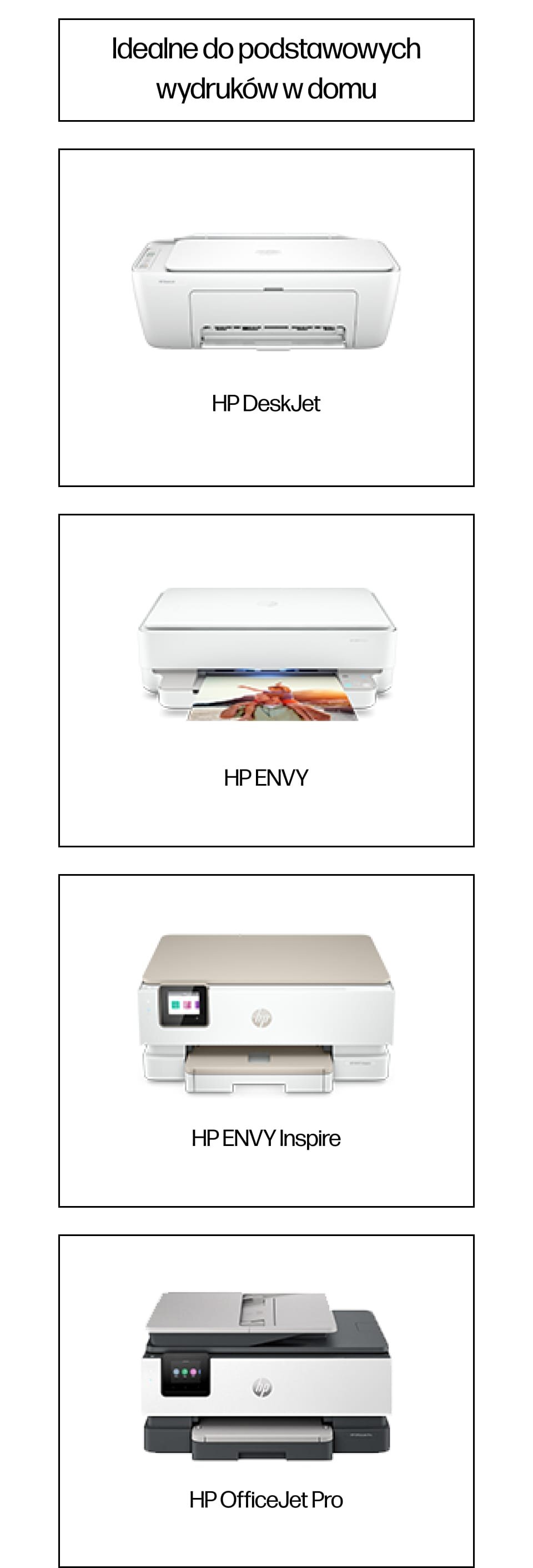 Obraz przedstawia cztery drukarki z serii HP: DeskJet, ENVY, ENVY Inspire i OfficeJet Pro, z podpisem \'Idealne do podstawowych wydruków w domu\'.